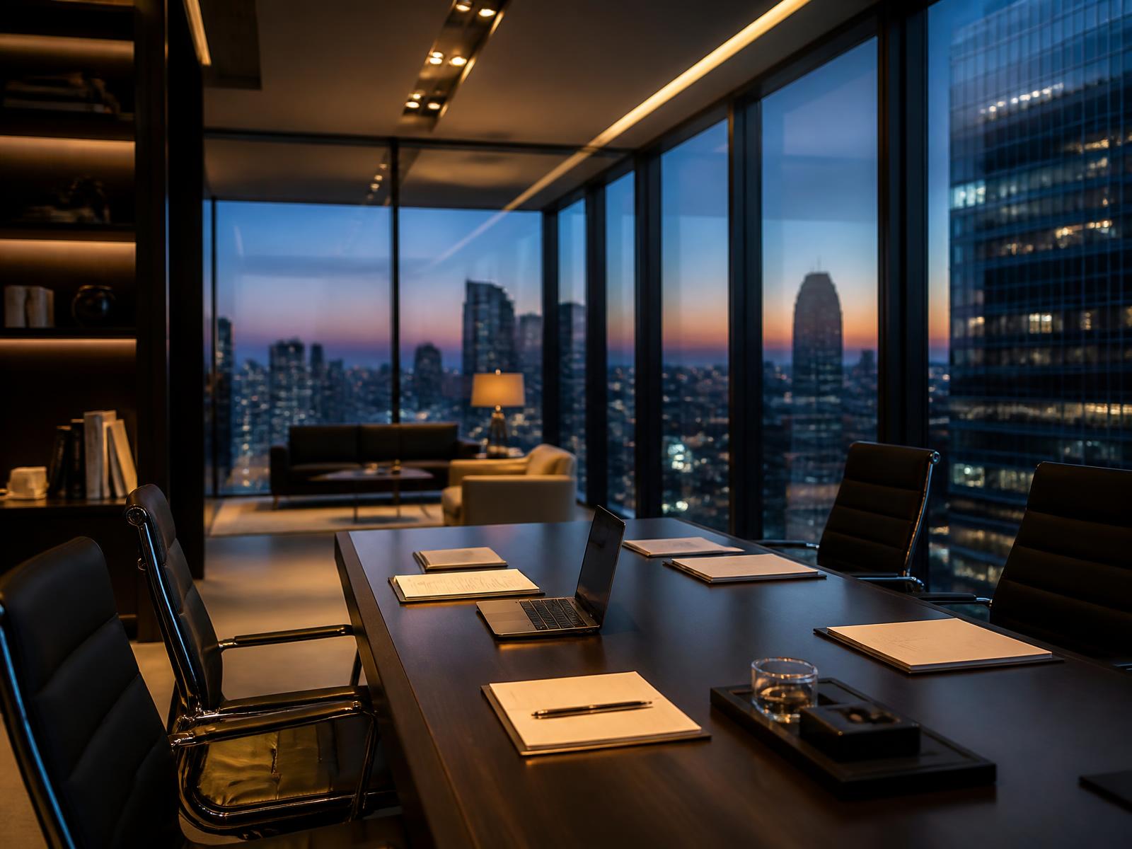Modern international corporate advisory boardroom at dusk